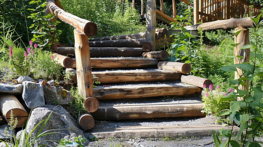 Escalier de jardin avec marches en rondins de bois