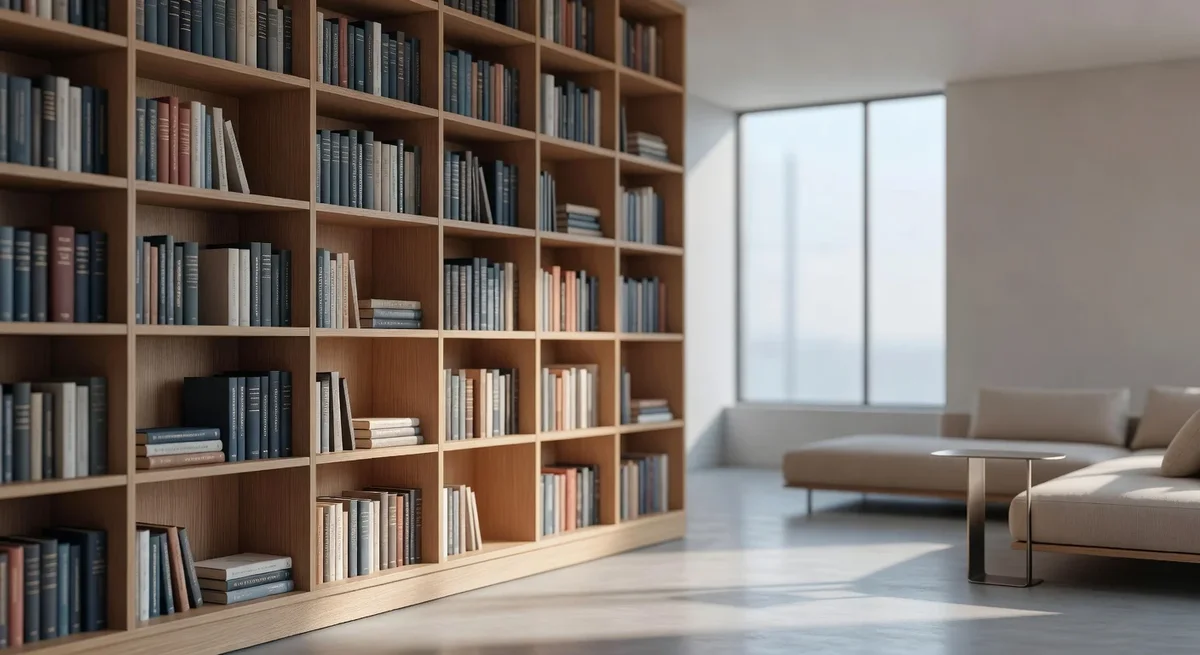 Intérieur moderne avec une bibliothèque en bois, éclairage naturel et mobilier minimaliste