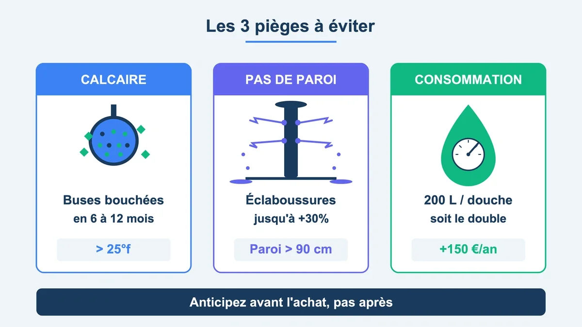 Schéma des pièges à éviter lors de l'achat d'une colonne de douche avec icônes explicatives