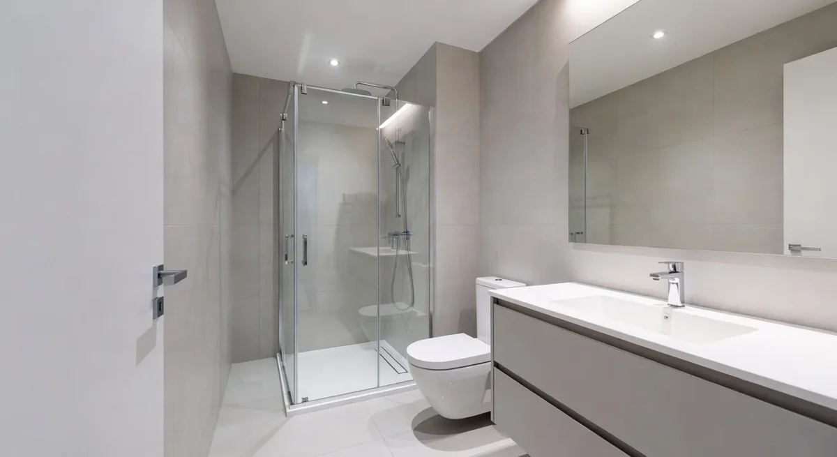 Salle de bain moderne avec une douche angle 90x90 cm, meuble vasque et WC bien agencés