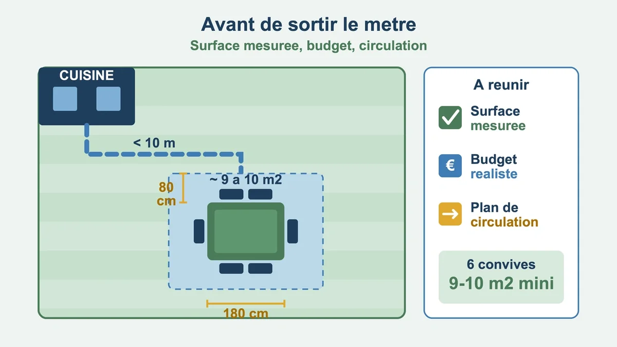 Schéma d'un jardin avec dimensions et éléments clés pour un coin repas bien aménagé