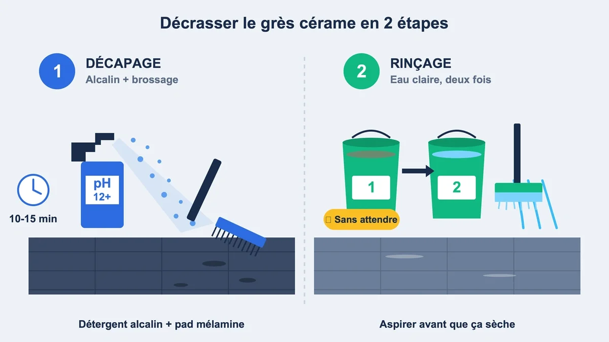 Processus de nettoyage en deux étapes avec décapage et rinçage sur un sol à l'aide de produits appropriés