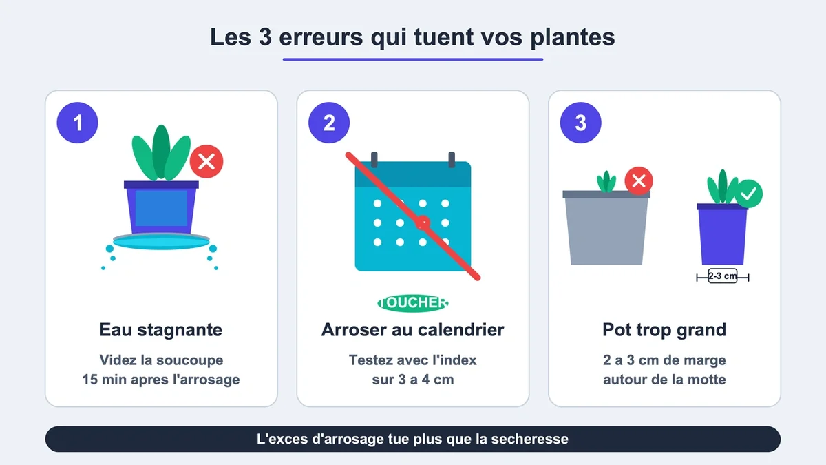 Diagramme des trois erreurs courantes tuant les plantes d'intérieur avec pictogrammes explicatifs