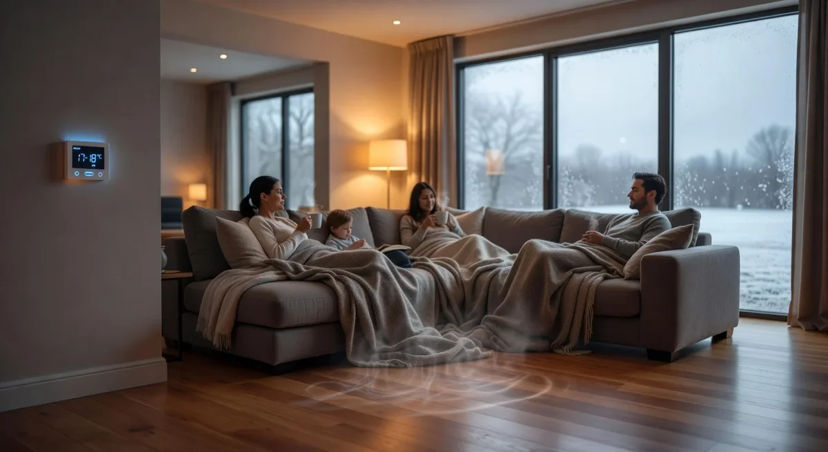 Maison avec thermostat réglé à 17-18 °C et occupants au salon, dehors un environnement froid