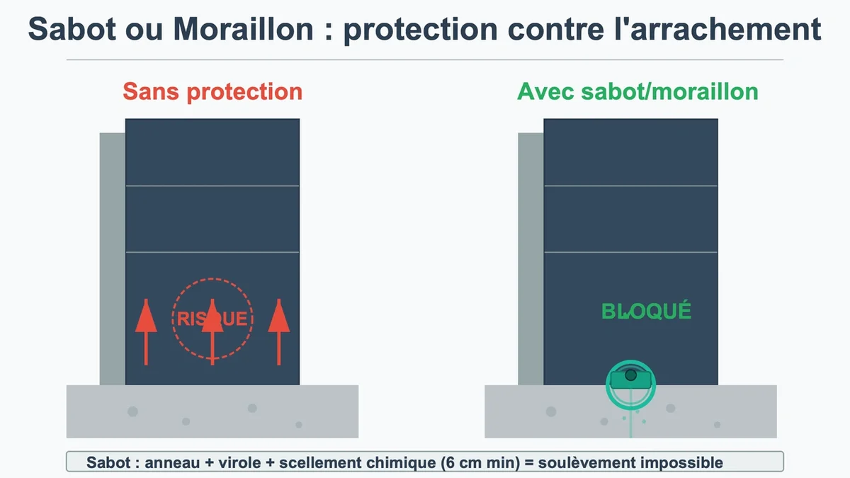 Le sabot ou moraillon au sol, contre l'arrachement vertical