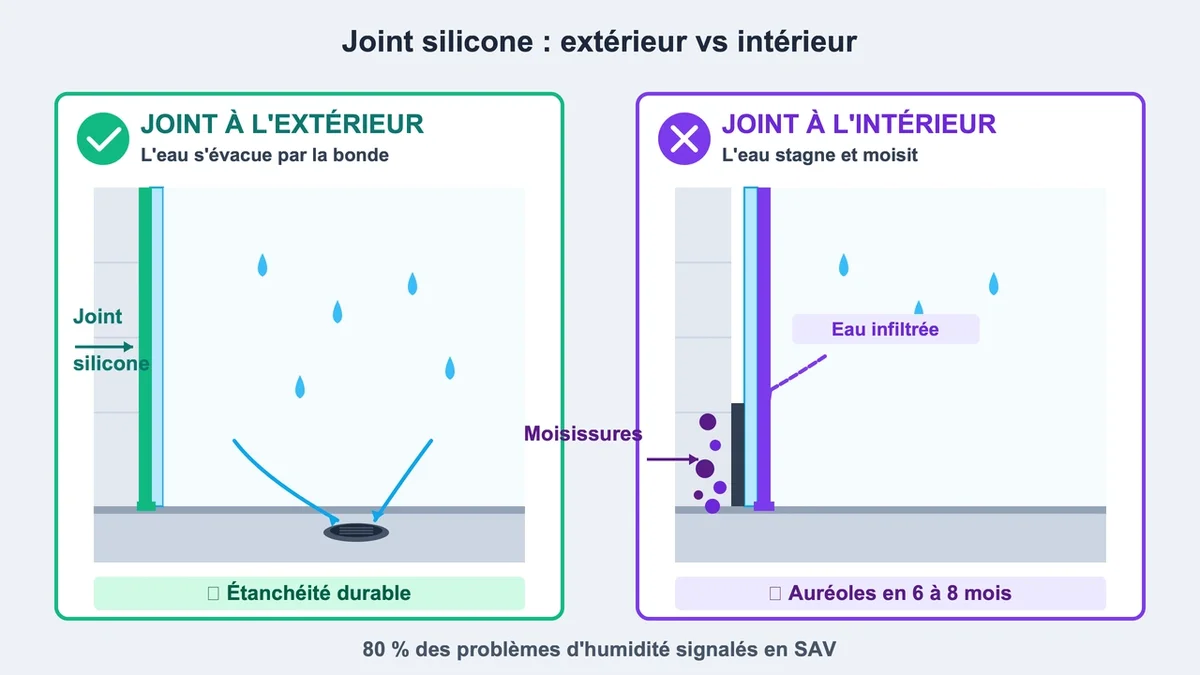 Démonstration des conséquences de l'étanchéité d'une douche avec joint mal situé et moisissures visibles