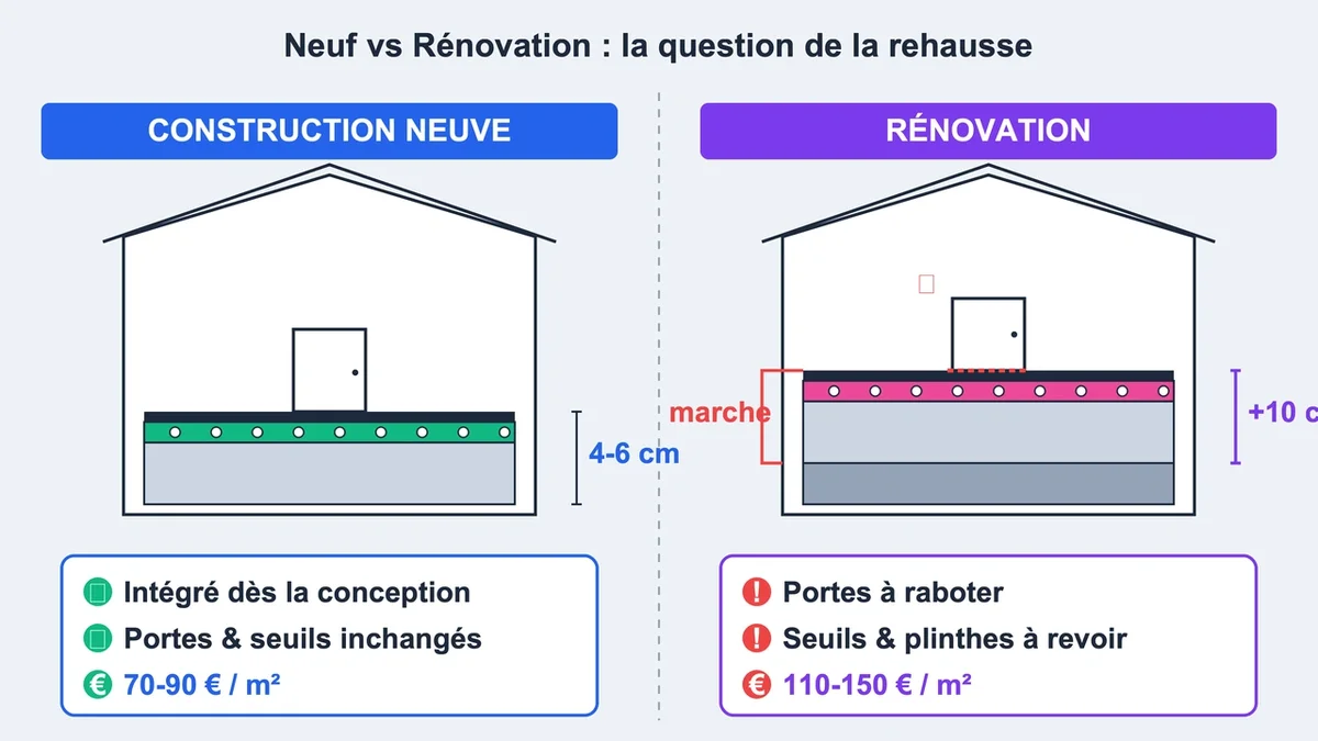 Schémas comparatifs de la construction neuve et de la rénovation du chauffage au sol