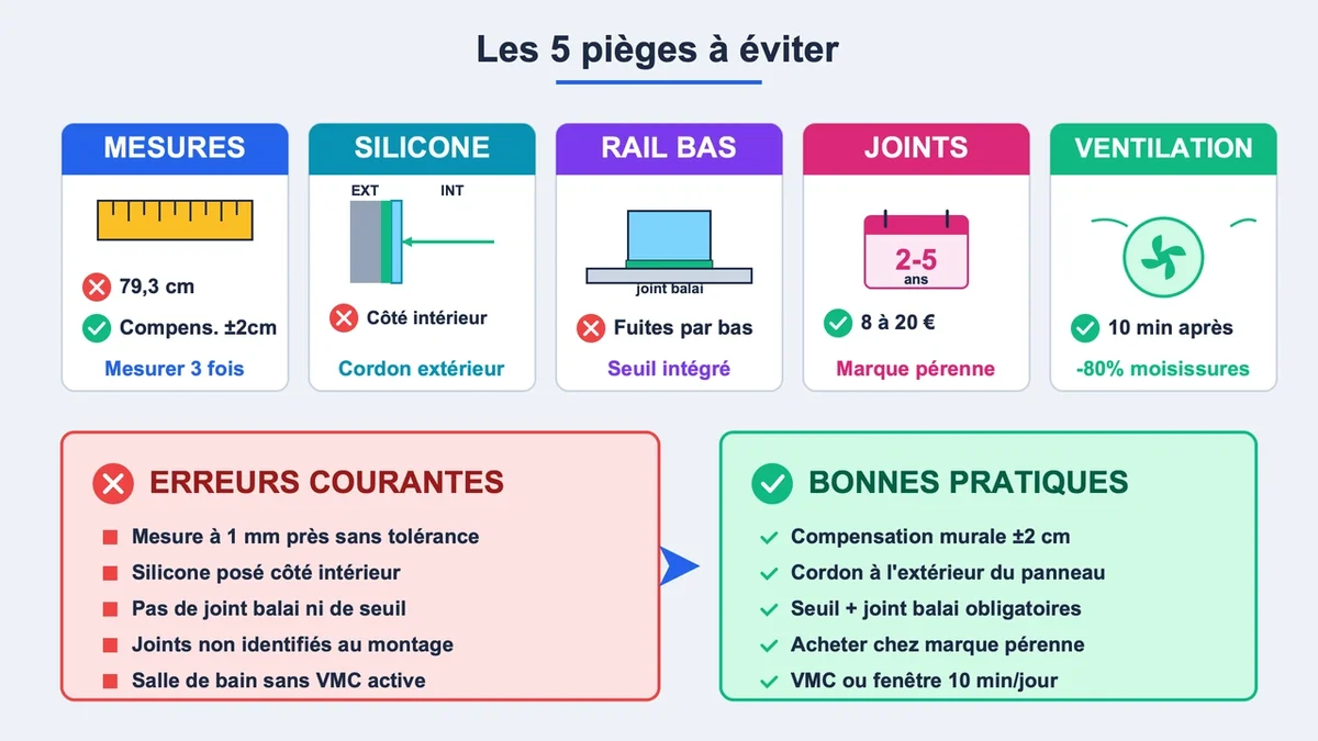 Schéma illustrant les erreurs fréquentes lors de l'installation d'une porte de douche avec conseils visuels