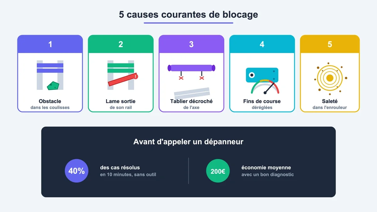 Pictogrammes illustrant les causes de blocage d'un volet roulant, incluant obstacles et saleté