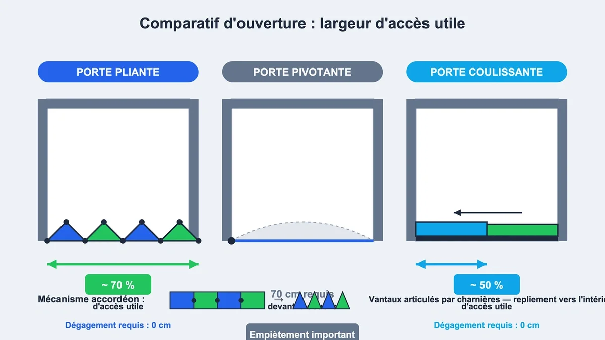 Pictogrammes illustrant le mécanisme de repliement d'une porte de douche pliante