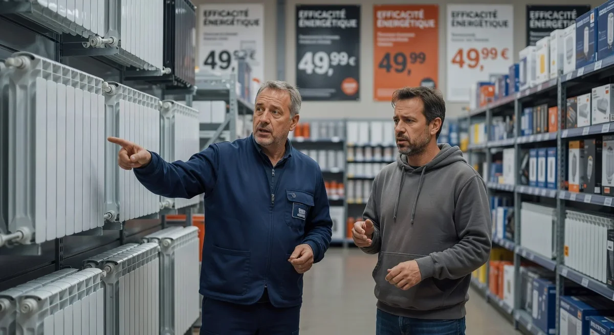 Vendeur présentant des radiateurs peu coûteux à un client perplexe dans un magasin de bricolage