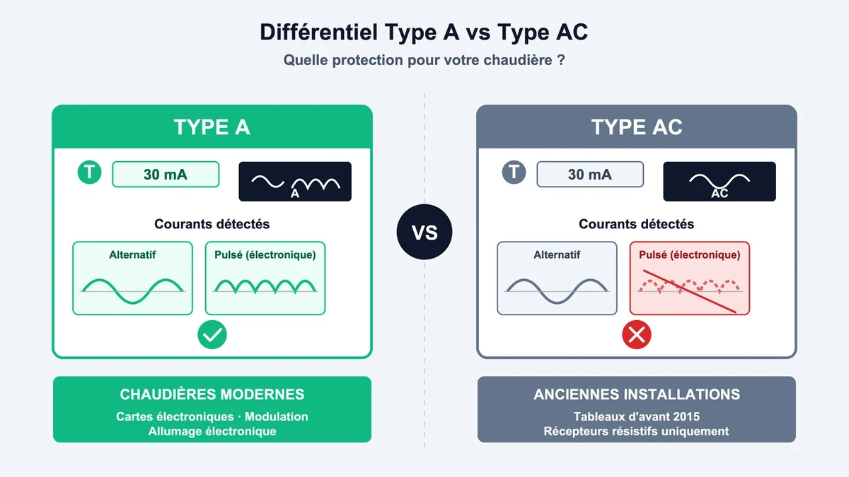 Schéma comparatif des disjoncteurs différentiels type A et AC pour chaudières modernes et anciennes
