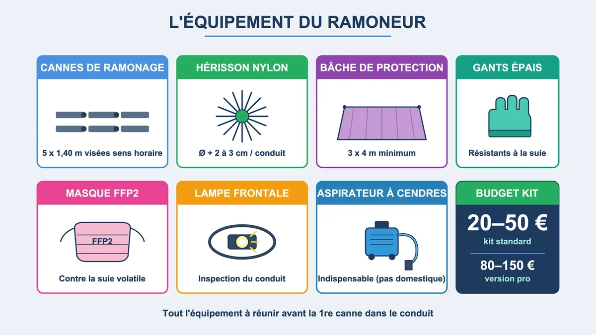 Schéma d'équipement pour déboucher une cheminée avec des outils étiquetés et pictogrammes explicites
