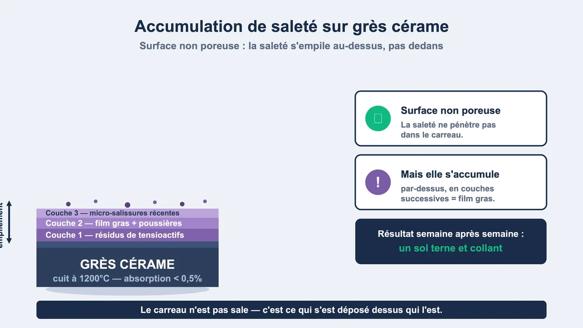 Schéma illustrant l'accumulation de saleté sur une surface en grès cérame avec des couches superposées
