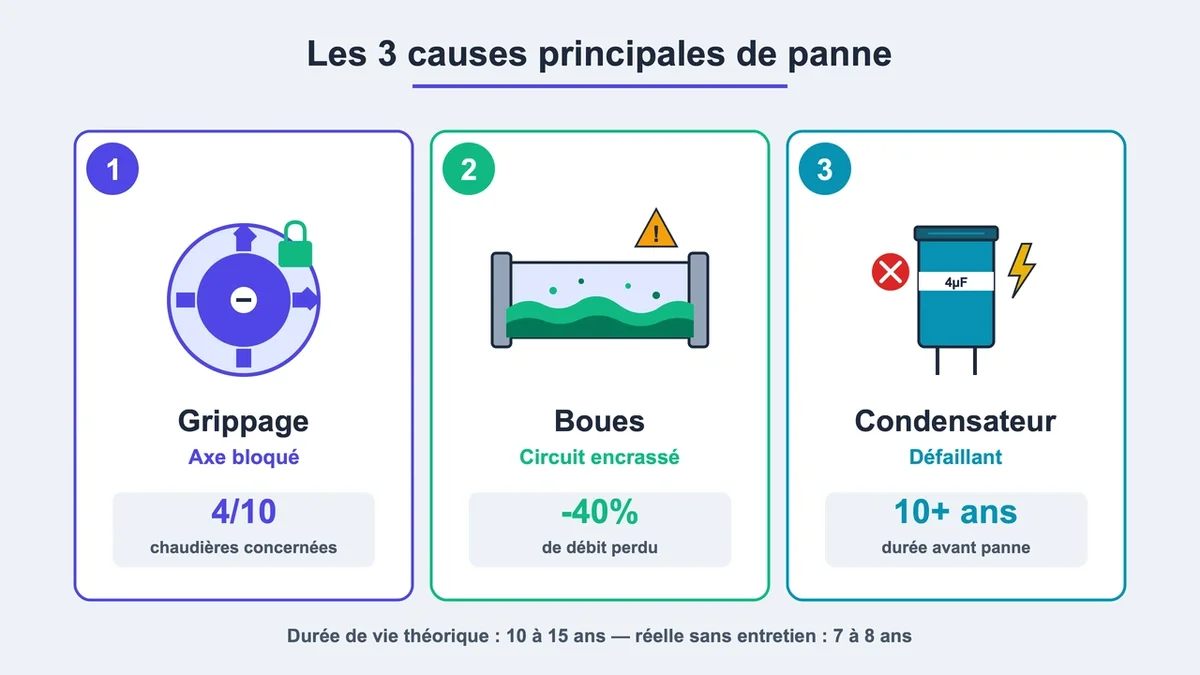 Diagramme schématique des trois causes principales de panne des circulateurs de chaudière