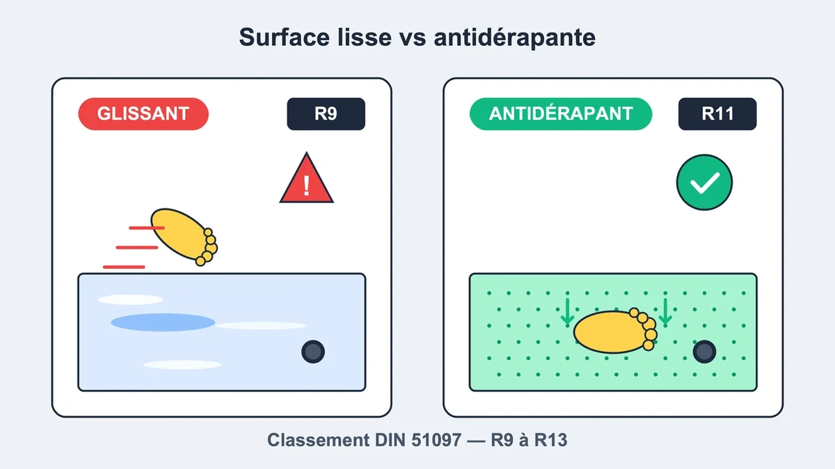 Symboles de sécurité montrant des pieds glissant sur céramique et surface antidérapante