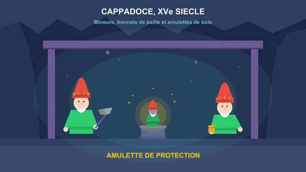 Statuettes en bois représentant des ouvriers de mines de Cappadoce au XVe siècle avec bonnets de paille