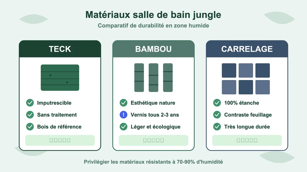 Comparatif visuel des matériaux salle de bain : teck, bambou et carrelage avec icônes de leurs atouts