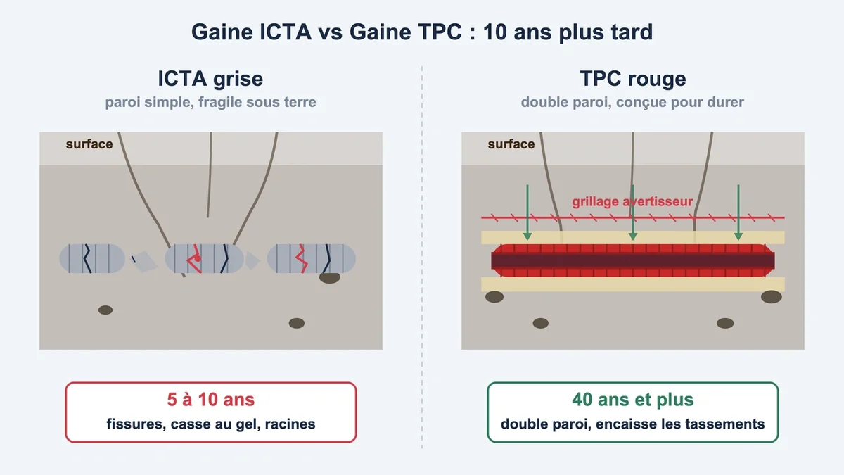 Schéma comparatif des gaines TPC et ICTA montrant leur structure et résistance à l'écrasement