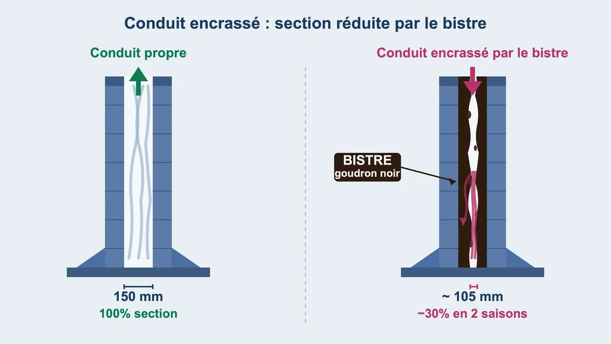 Conduit de cheminée encrassé par du bistre, montrant un diamètre réduit et une mauvaise évacuation de fumée