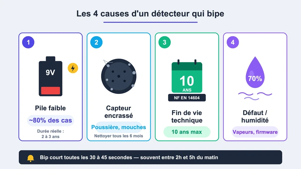 Icônes représentant les quatre causes d'un détecteur de fumée qui bip, avec explications visuelles