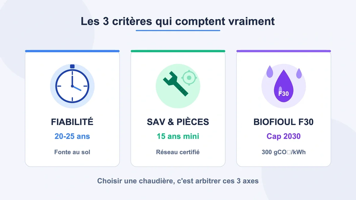 Schéma illustratif des critères de choix pour chaudières fioul avec pictogrammes explicites