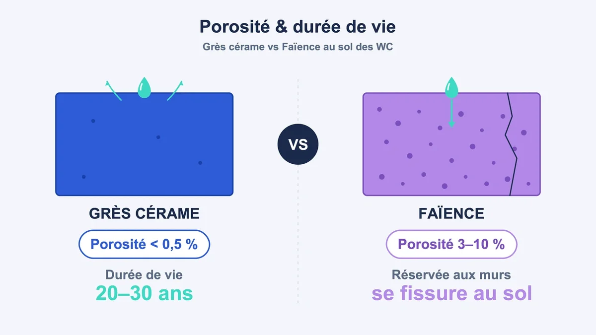 Schéma comparatif de la porosité et de la durée de vie du grès cérame et de la faïence