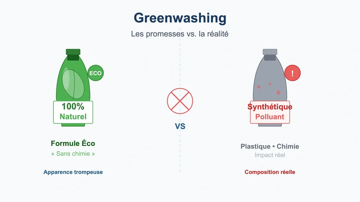Flacon vert avec une feuille, représentant le greenwashing en cosmétique dans une salle de bain