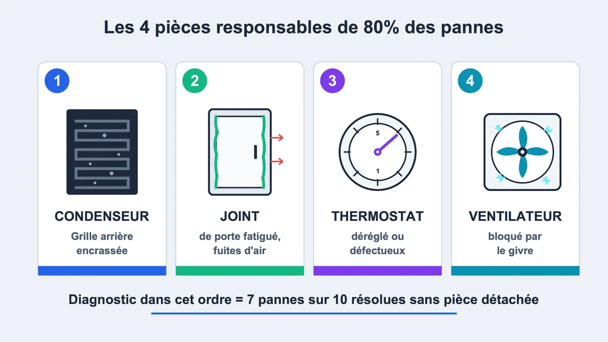 Icônes représentant les quatre pannes courantes d'un réfrigérateur : condenseur, joint, thermostat et ventilateur