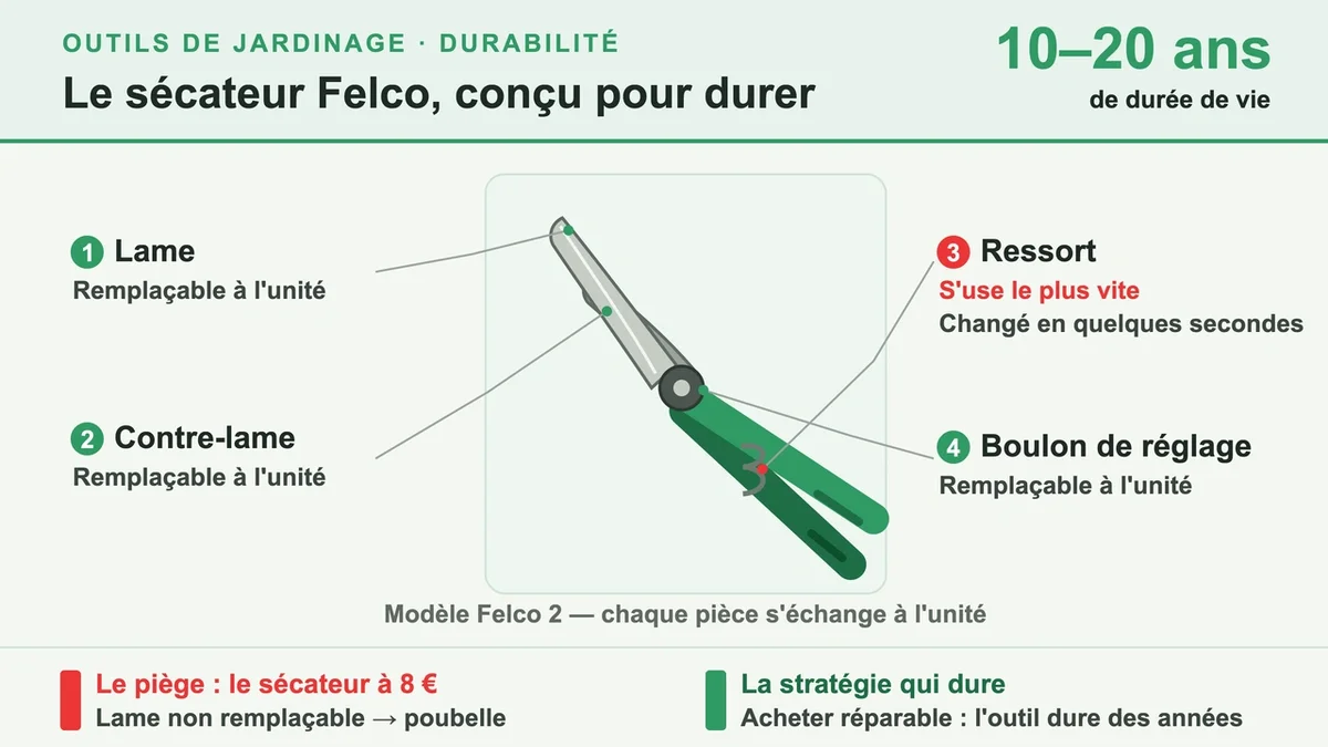 Sécateur Felco avec pièces de rechange, symbole de durabilité et de qualité pour le jardinage