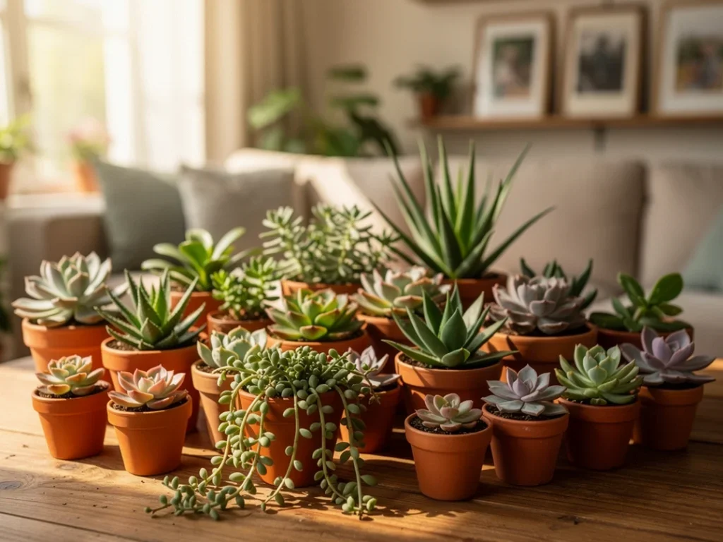 Élégante disposition de plantes succulentes en pots en terre cuite dans une pièce lumineuse et accueillante