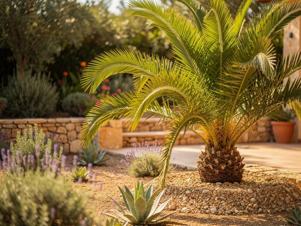 Jardin méditerranéen avec un palmier des Canaries sous un soleil éclatant dans un sol sablonneux