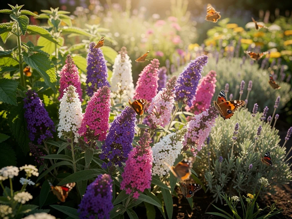 Jardin ensoleillé avec des buddleias colorés et des plantes indigènes attirant des papillons
