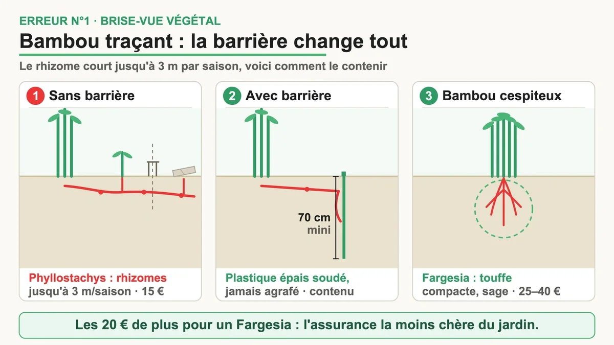 Schéma du système racinaire des bambous montrant la propagation des rhizomes et barrière anti-rhizomes