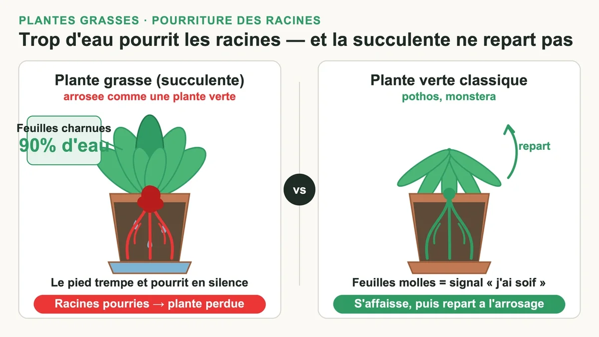 Schéma comparatif des racines de plantes grasses et classiques montrant l'excès d'eau et la pourriture