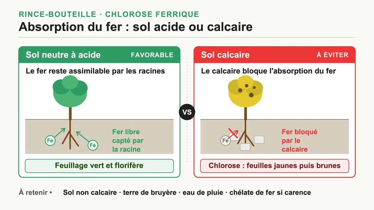 Schéma montrant l'absorption du fer par le rince-bouteille et l'impact du calcaire sur ses feuilles