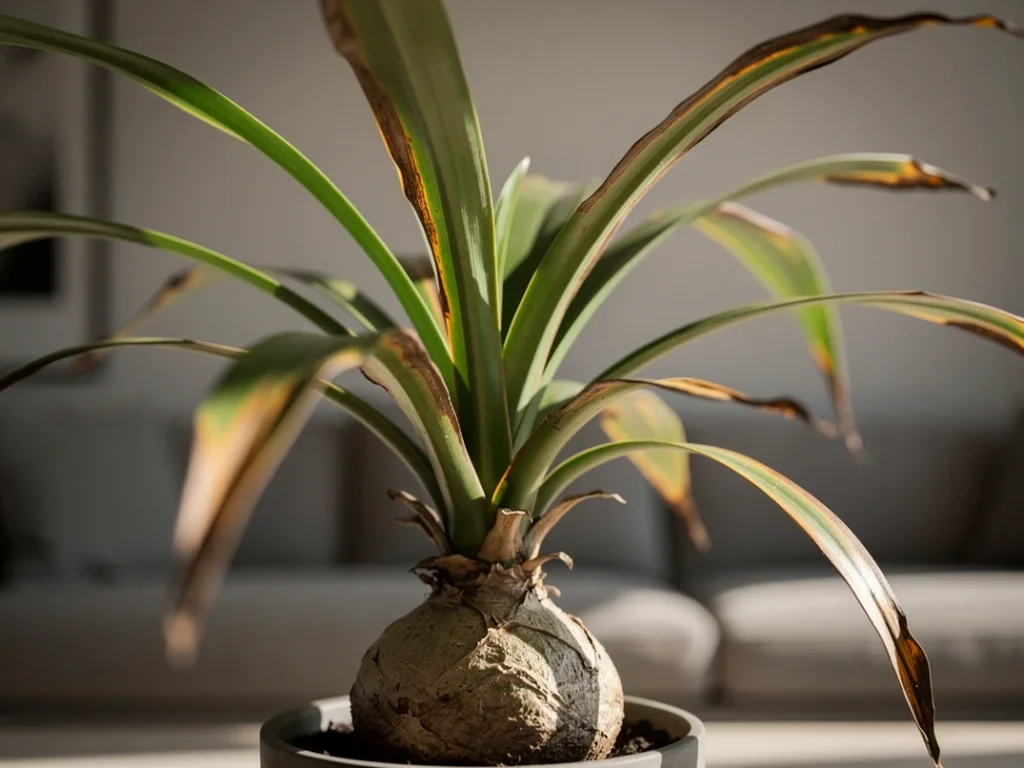 Plante Beaucarnea avec des feuilles jaunes et des pointes brunes dans un intérieur lumineux