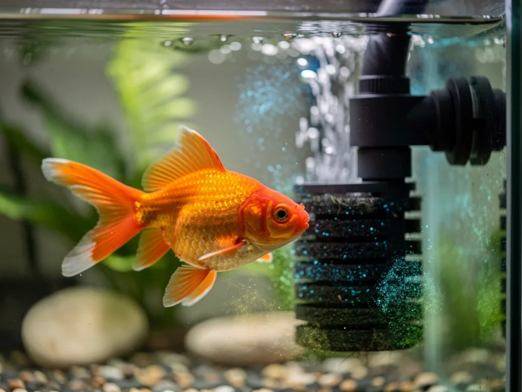 Bocal de poisson avec un poisson rouge nageant et un système de filtration visible dans l'eau claire