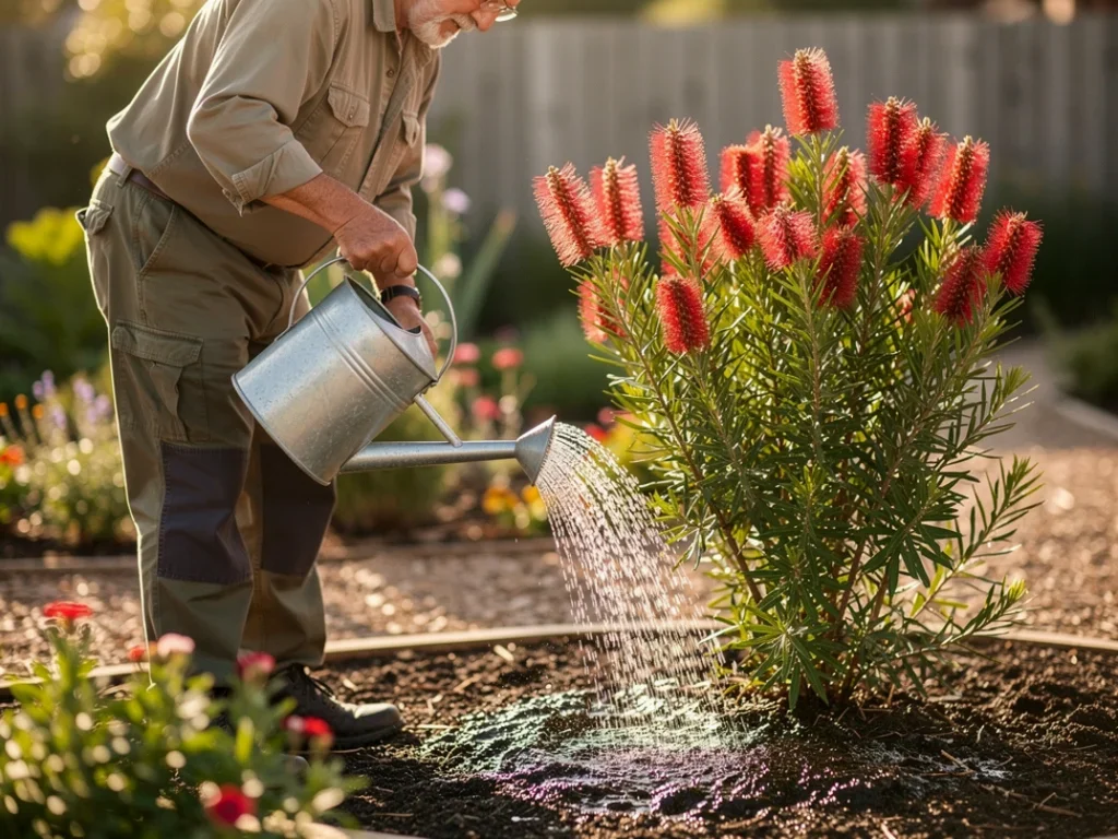 Jardinier arrosant une plante goupillon avec soin dans un jardin ensoleillé