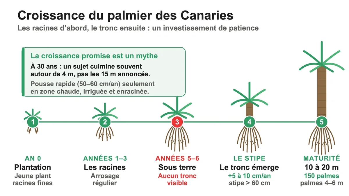 Jeune palmier des Canaries montrant ses racines et un tronc en développement