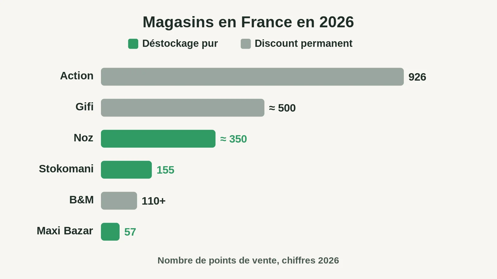Nombre de magasins en France en 2026 par enseigne : Action, Gifi, Noz, Stokomani, B&M et Maxi Bazar